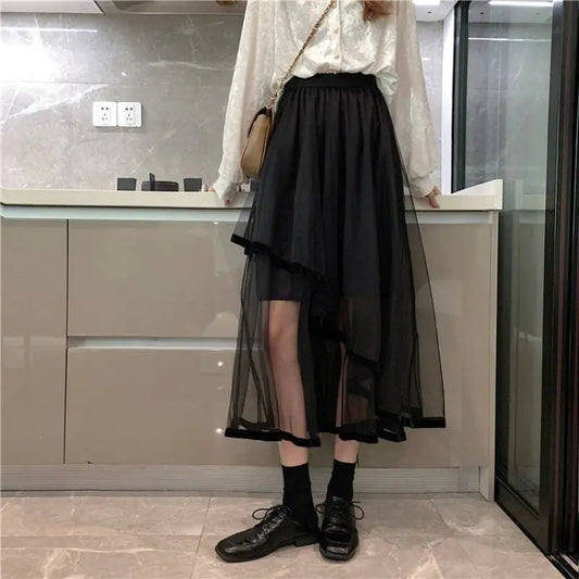 Mid-Length Cake Mesh Skirt with Irregular Stitching