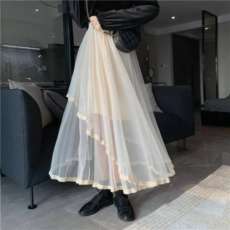 Mid-Length Cake Mesh Skirt with Irregular Stitching
